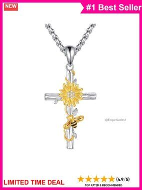 Cross Pendant Necklace 18K White Gold Plated Sunflower Bee Religious Gift Women